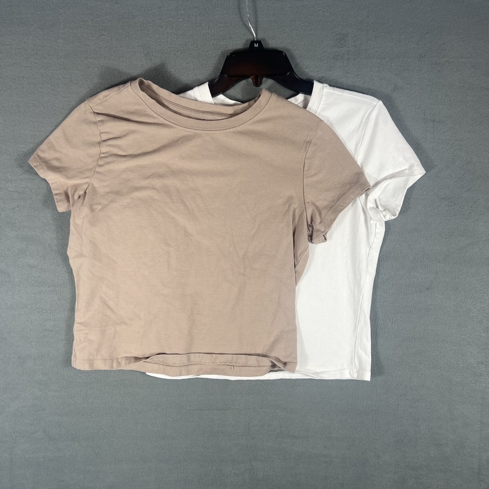 Better/Together Women's X-Large Cotton Blend Crop Top T-Shirt 2-Pack White Beige